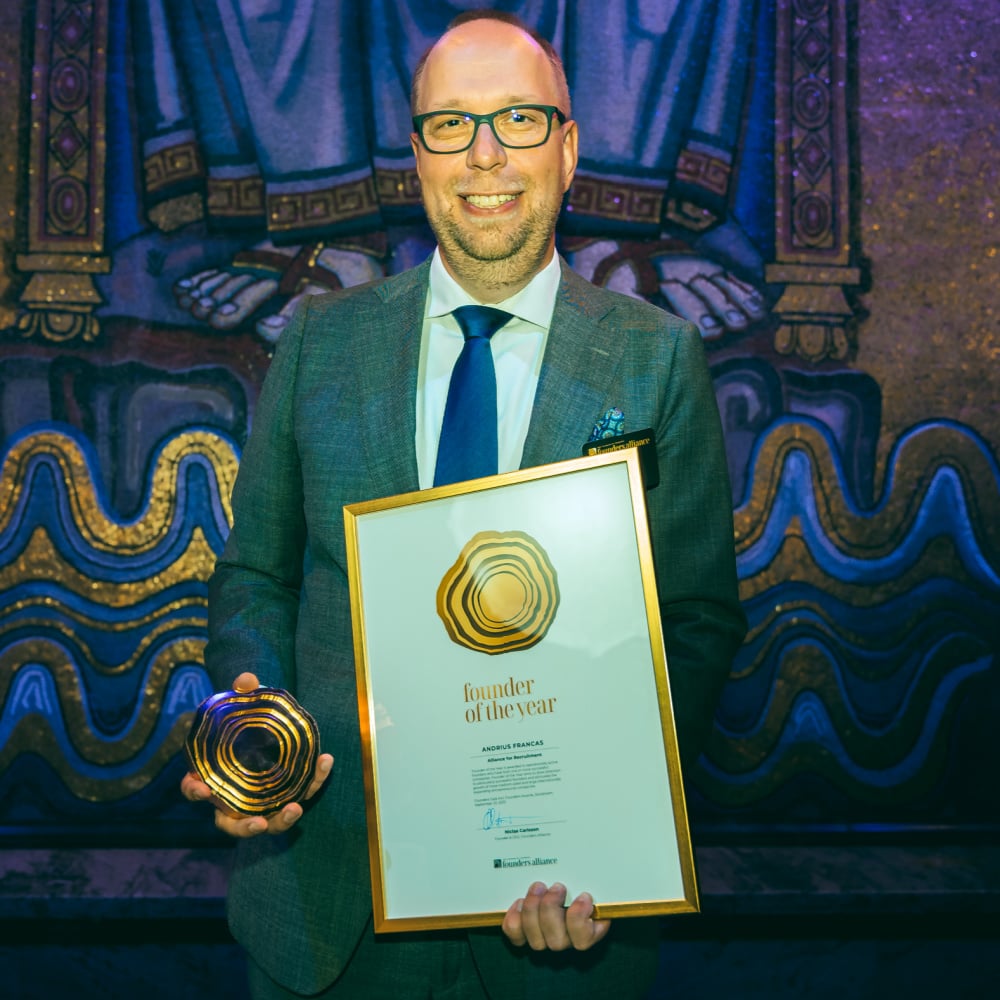Andrius Francas founder of Alliance for Recruitment received the Growth Rings in Gold for the global award Founder of the Year category Small Size Companies at the Founders Awards Gala held at Stockholm City Hall on September 22. -1