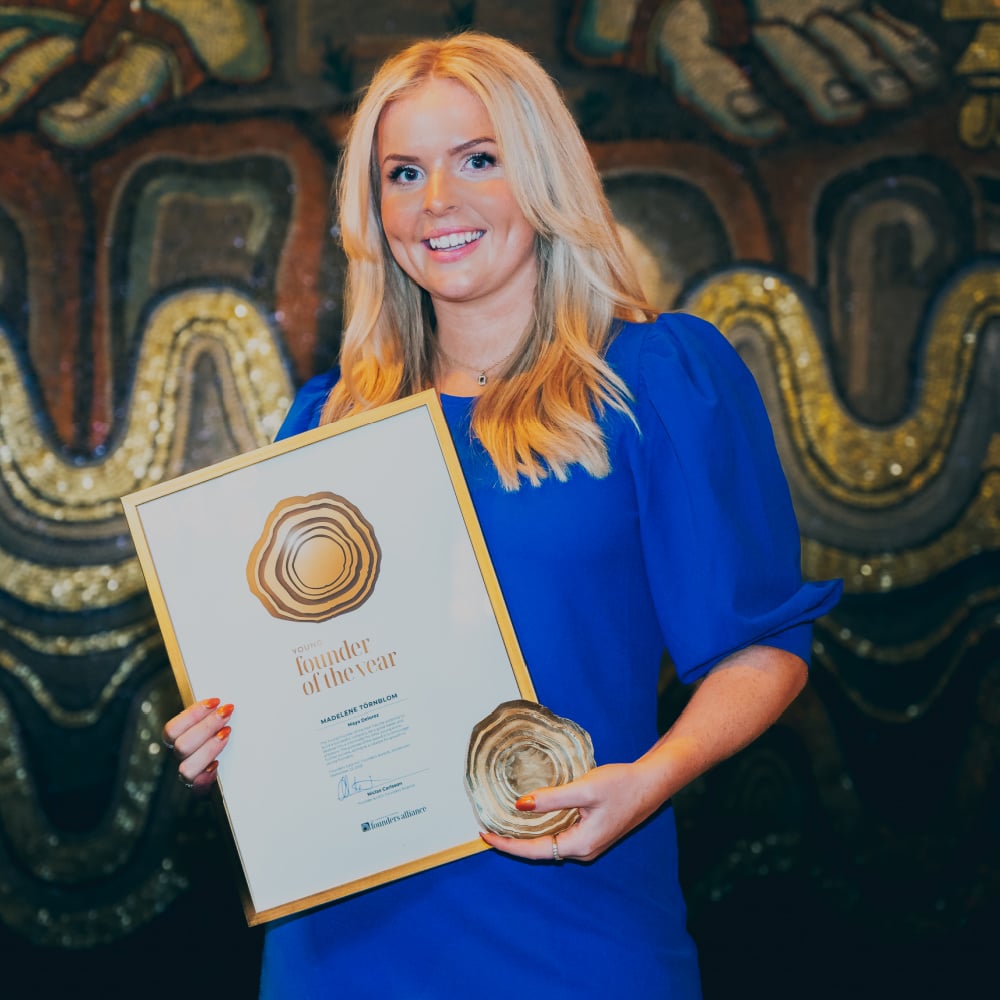 Madelene Törnblom, founder of Maya Delorez received the Growth Rings in Gold for the global award Young Founder of the Year at the Founders Awards Gala-2