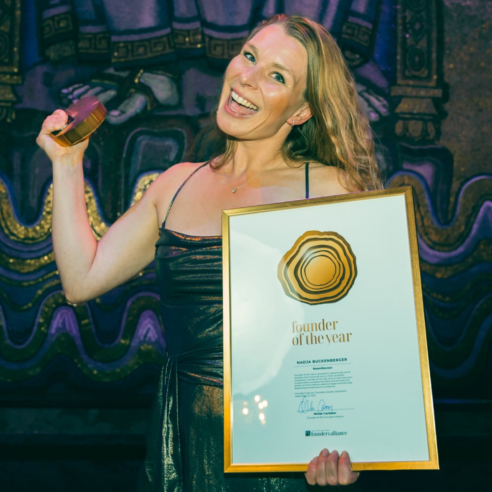 Nadja Buckenberger, founder of RoomRaccoon Hotel Tech received the Growth Rings in Gold for the global award Founder of the Year category Small Size Companies at the Founders Awards Gala held at Stockholm City Hall on September 22.-1